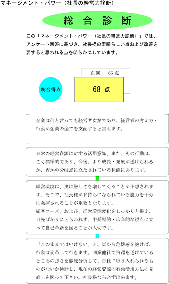 総合診断／この「マネージメント・パワー（社長の経営力診断）」では、アンケート回答に基づき、社長様の素晴らしい点および改善を要すると思われる点を明らかにしています。